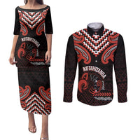 Maori Waitangi Couples Matching Puletasi and Long Sleeve Button Shirt Kotahitanga Poutama Mix Whakairo LT7 Black - Polynesian Pride