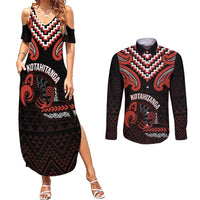 Maori Waitangi Couples Matching Summer Maxi Dress and Long Sleeve Button Shirt Kotahitanga Poutama Mix Whakairo LT7 Black - Polynesian Pride