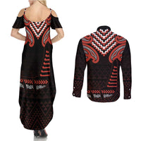Maori Waitangi Couples Matching Summer Maxi Dress and Long Sleeve Button Shirt Kotahitanga Poutama Mix Whakairo LT7 - Polynesian Pride
