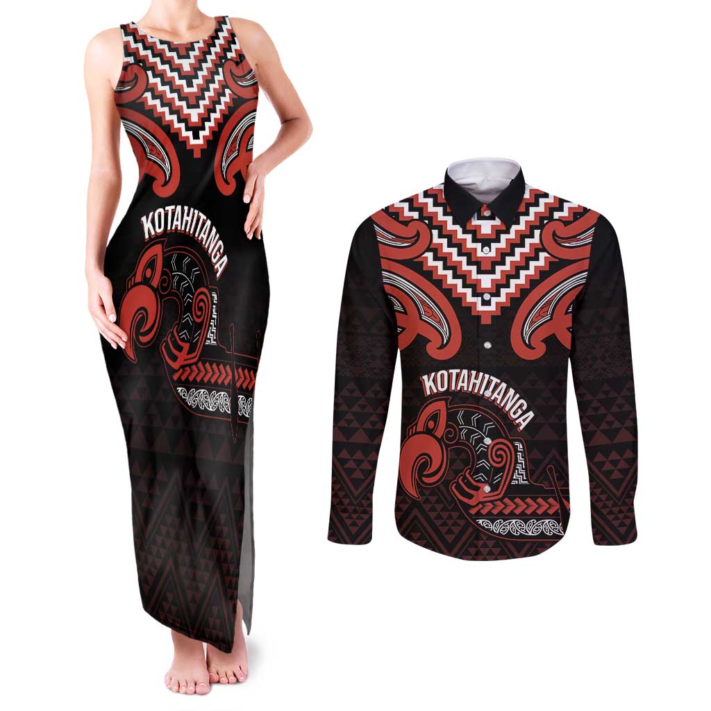 Maori Waitangi Couples Matching Tank Maxi Dress and Long Sleeve Button Shirt Kotahitanga Poutama Mix Whakairo LT7 Black - Polynesian Pride