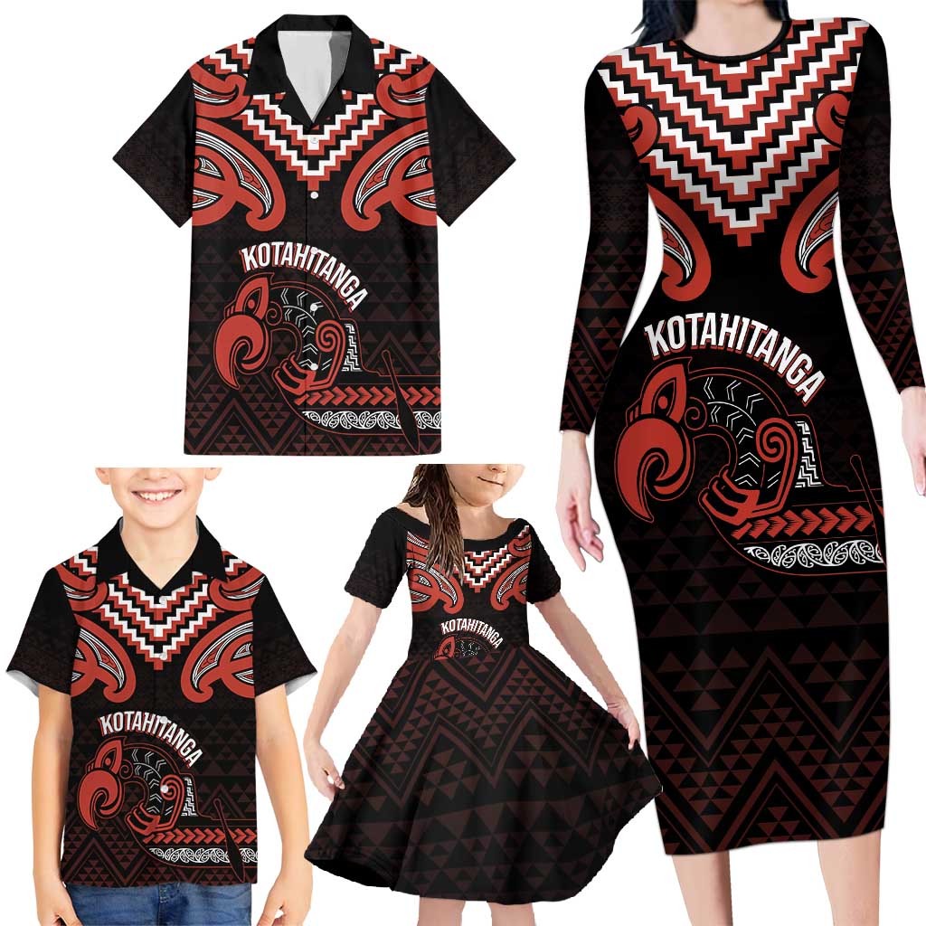 Maori Waitangi Family Matching Long Sleeve Bodycon Dress and Hawaiian Shirt Kotahitanga Poutama Mix Whakairo LT7 - Polynesian Pride