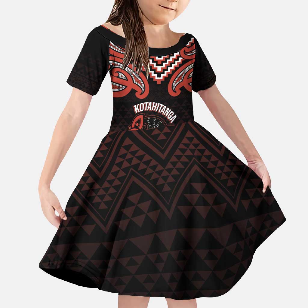 Maori Waitangi Family Matching Mermaid Dress and Hawaiian Shirt Kotahitanga Poutama Mix Whakairo LT7 Daughter's Dress Black - Polynesian Pride