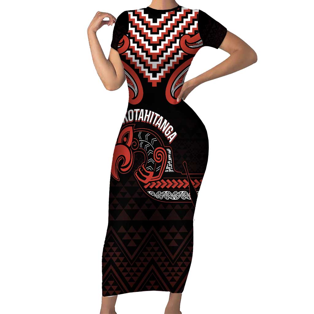 Maori Waitangi Family Matching Short Sleeve Bodycon Dress and Hawaiian Shirt Kotahitanga Poutama Mix Whakairo LT7 Mom's Dress Black - Polynesian Pride