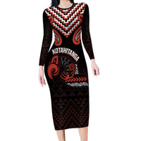 Maori Waitangi Long Sleeve Bodycon Dress Kotahitanga Poutama Mix Whakairo LT7 Long Dress Black - Polynesian Pride