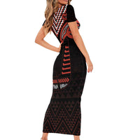 Maori Waitangi Short Sleeve Bodycon Dress Kotahitanga Poutama Mix Whakairo LT7 - Polynesian Pride