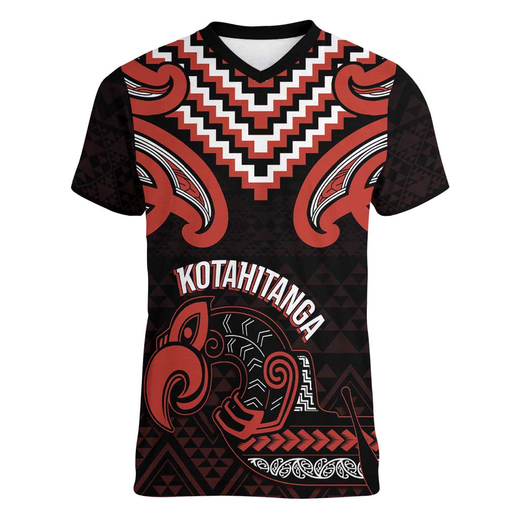 Maori Waitangi Women V-Neck T-Shirt Kotahitanga Poutama Mix Whakairo LT7 Female Black - Polynesian Pride