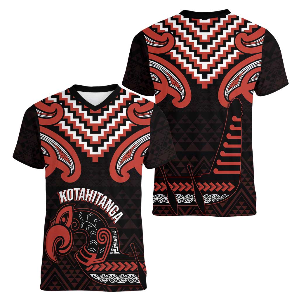 Maori Waitangi Women V-Neck T-Shirt Kotahitanga Poutama Mix Whakairo LT7 - Polynesian Pride