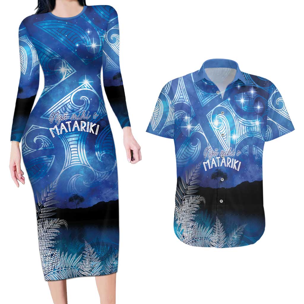 NZ Maori Matariki Scenery Couples Matching Long Sleeve Bodycon Dress and Hawaiian Shirt Galaxy Sky LT7 Galaxy - Polynesian Pride