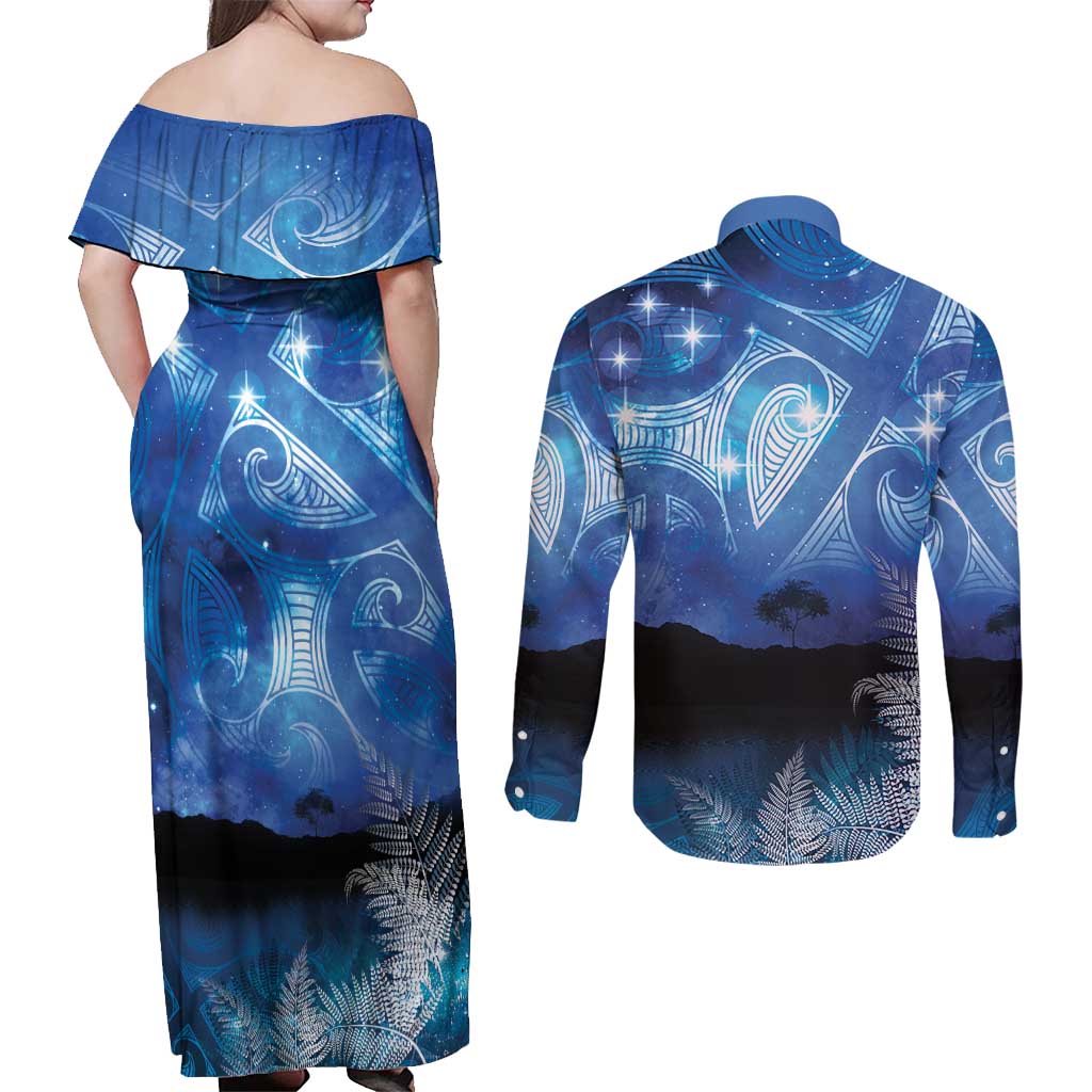 NZ Maori Matariki Scenery Couples Matching Off Shoulder Maxi Dress and Long Sleeve Button Shirt Galaxy Sky