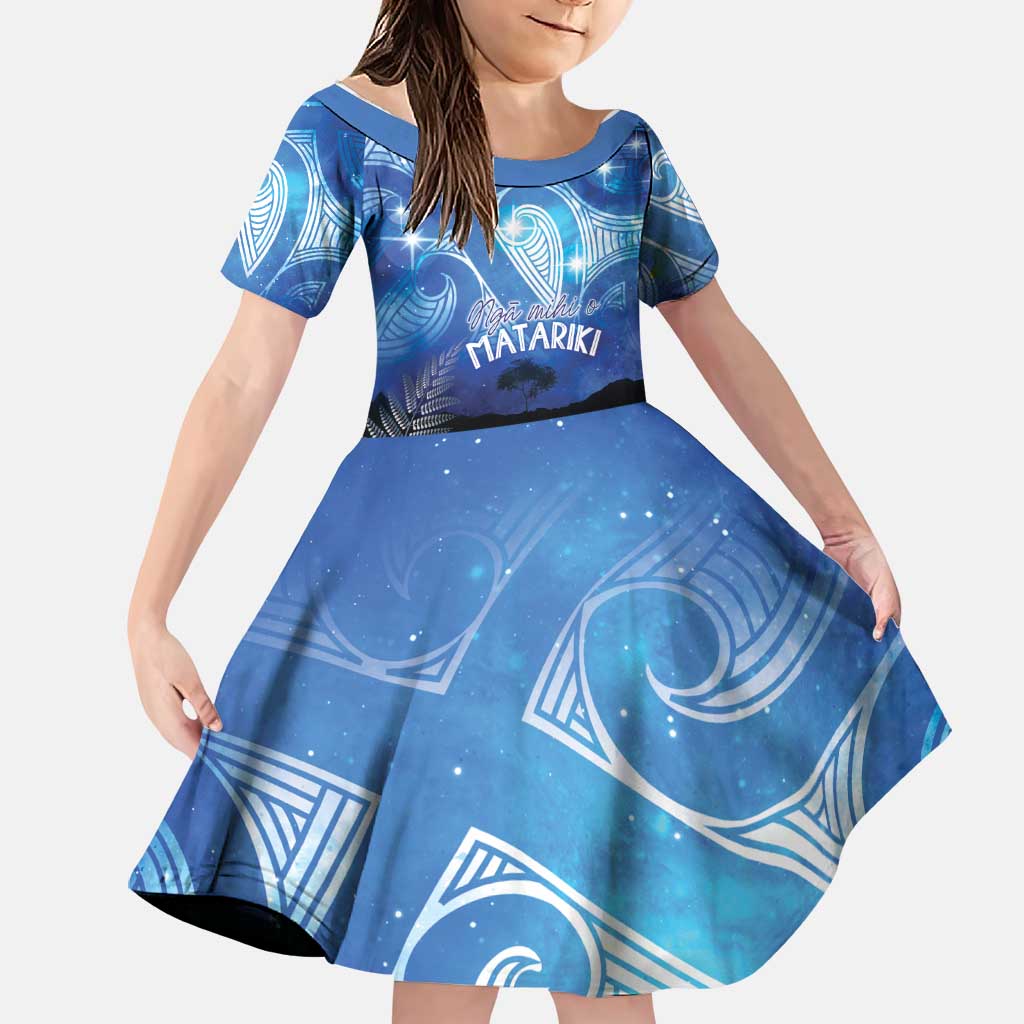 NZ Maori Matariki Scenery Family Matching Summer Maxi Dress and Hawaiian Shirt Galaxy Sky LT7 Daughter's Dress Galaxy - Polynesian Pride