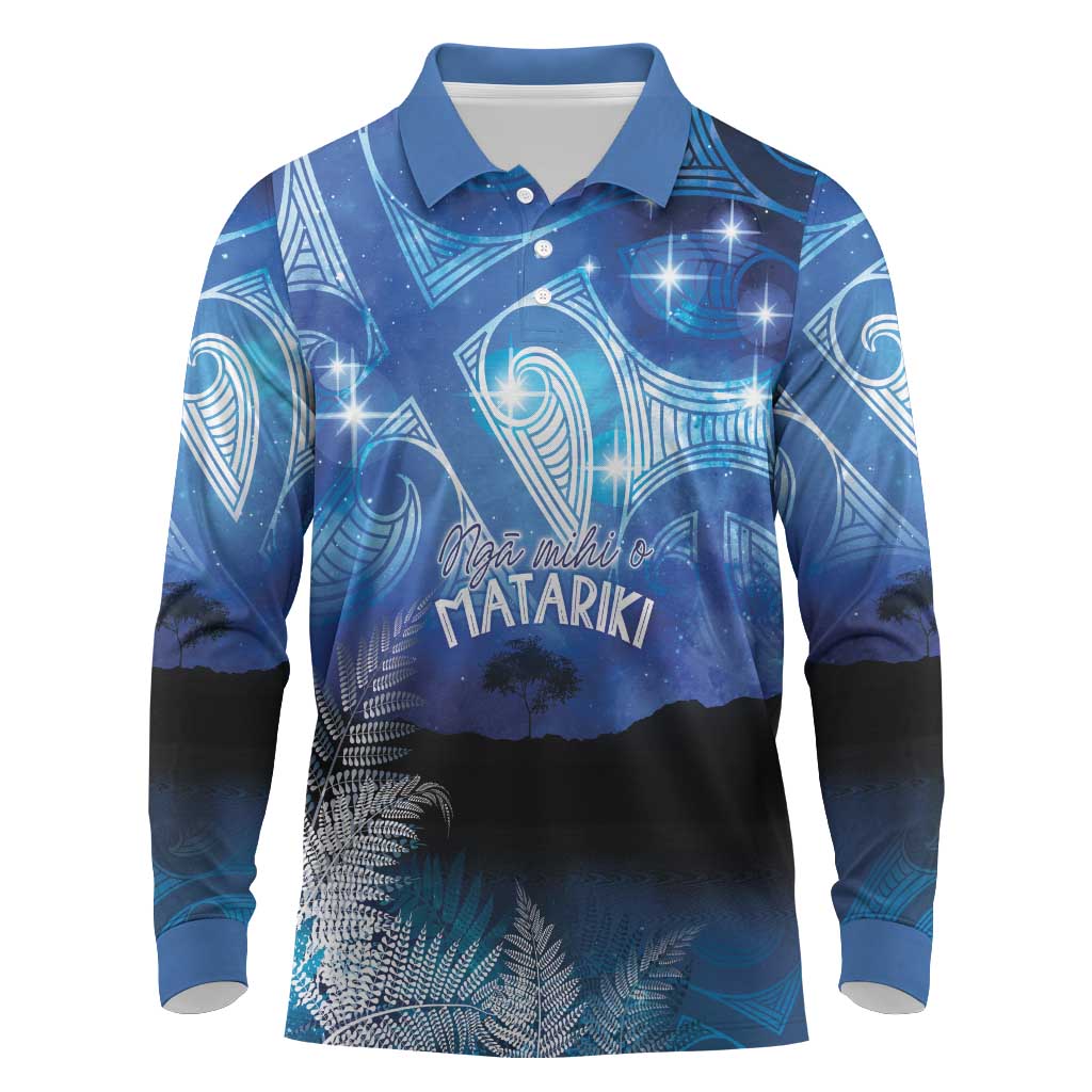 NZ Maori Matariki Scenery Long Sleeve Polo Shirt Galaxy Sky