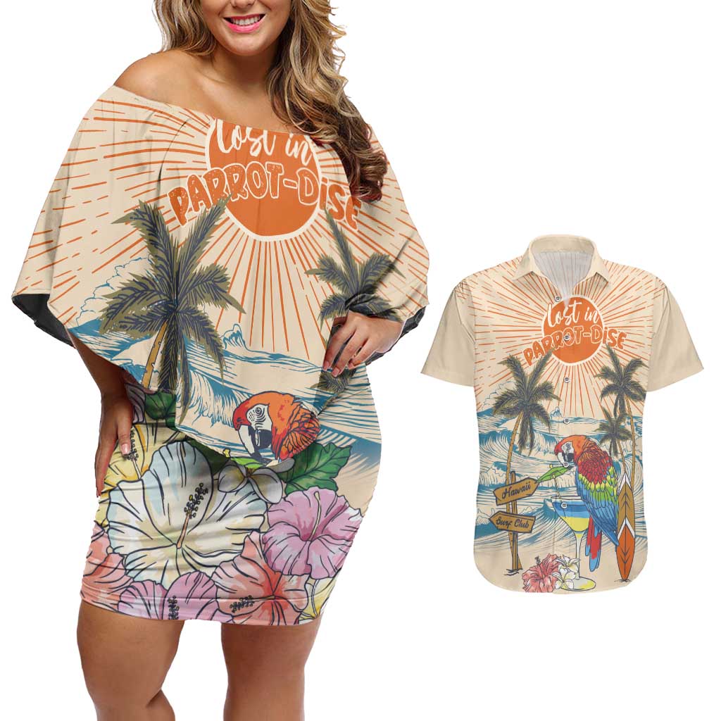 Personalized Christmas In July - Hawaii Retro Couples Matching Off Shoulder Short Dress and Hawaiian Shirt Lost In Parrot-dise LT7 Beige - Polynesian Pride