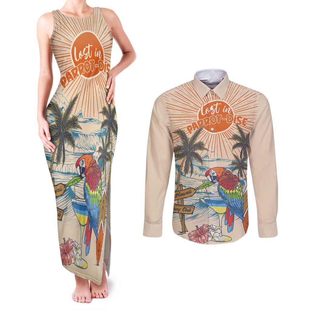Personalized Christmas In July - Hawaii Retro Couples Matching Tank Maxi Dress and Long Sleeve Button Shirt Lost In Parrot-dise
