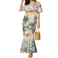 Personalized Christmas In July - Hawaii Retro Family Matching Mermaid Dress and Hawaiian Shirt Lost In Parrot-dise LT7 Mom's Dress Beige - Polynesian Pride