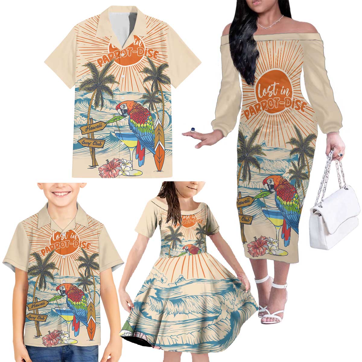 Personalized Christmas In July - Hawaii Retro Family Matching Off The Shoulder Long Sleeve Dress and Hawaiian Shirt Lost In Parrot-dise
