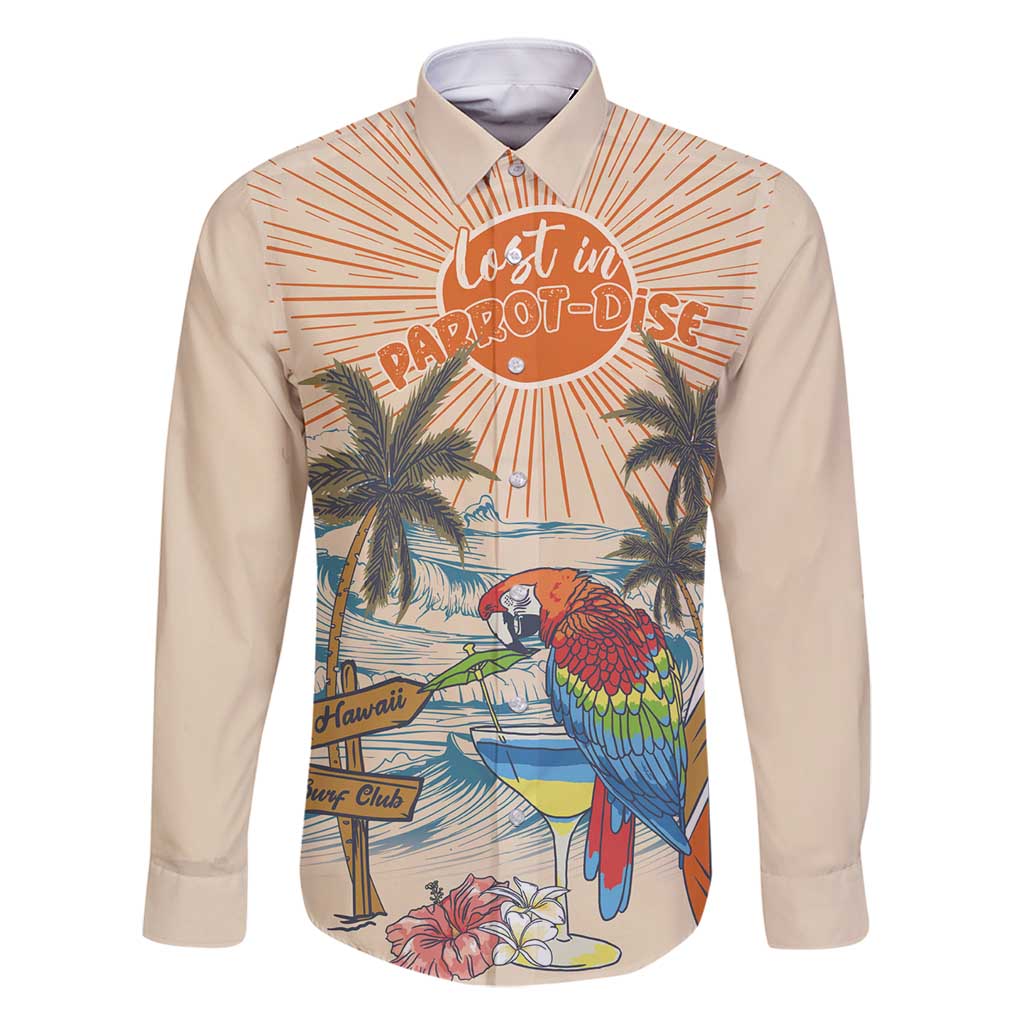 Personalized Christmas In July - Hawaii Retro Family Matching Off Shoulder Maxi Dress and Hawaiian Shirt Lost In Parrot-dise LT7 Dad's Shirt - Long Sleeve Beige - Polynesian Pride