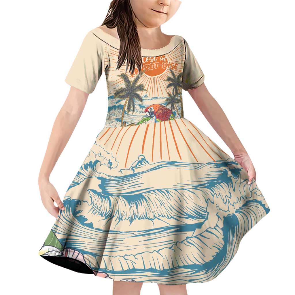 Personalized Christmas In July - Hawaii Retro Family Matching Off Shoulder Short Dress and Hawaiian Shirt Lost In Parrot-dise LT7 Daughter's Dress Beige - Polynesian Pride