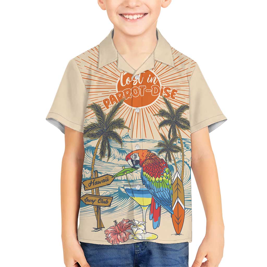 Personalized Christmas In July - Hawaii Retro Family Matching Off Shoulder Short Dress and Hawaiian Shirt Lost In Parrot-dise LT7 Son's Shirt Beige - Polynesian Pride