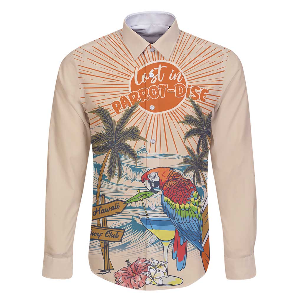 Personalized Christmas In July - Hawaii Retro Family Matching Puletasi and Hawaiian Shirt Lost In Parrot-dise LT7 Dad's Shirt - Long Sleeve Beige - Polynesian Pride