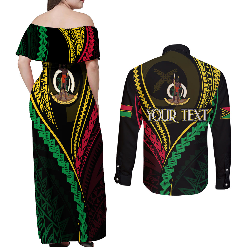 Personalised Vanuatu Couples Matching Off Shoulder Maxi Dress and Long Sleeve Button Shirts 43rd Hapi Indipendens Long LT7 - Polynesian Pride