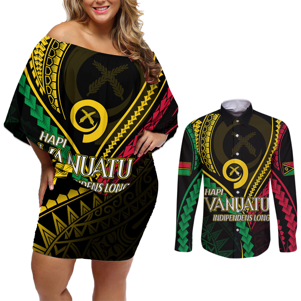 Personalised Vanuatu Couples Matching Off Shoulder Short Dress and Long Sleeve Button Shirts 43rd Hapi Indipendens Long LT7 Black - Polynesian Pride