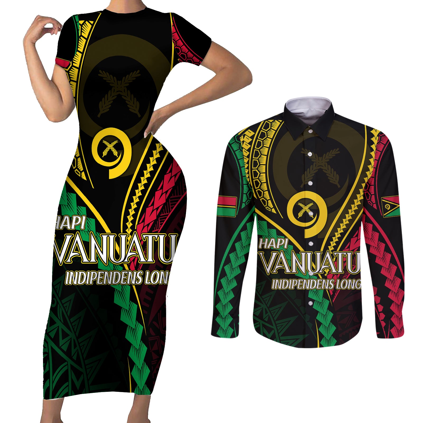Personalised Vanuatu Couples Matching Short Sleeve Bodycon Dress and Long Sleeve Button Shirts 43rd Hapi Indipendens Long LT7 Black - Polynesian Pride