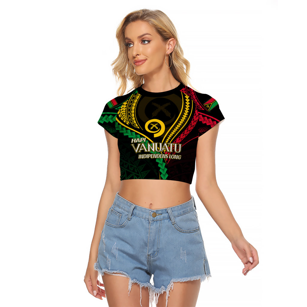 Personalised Vanuatu Raglan Cropped T Shirt 43rd Hapi Indipendens Long LT7 Female Black - Polynesian Pride