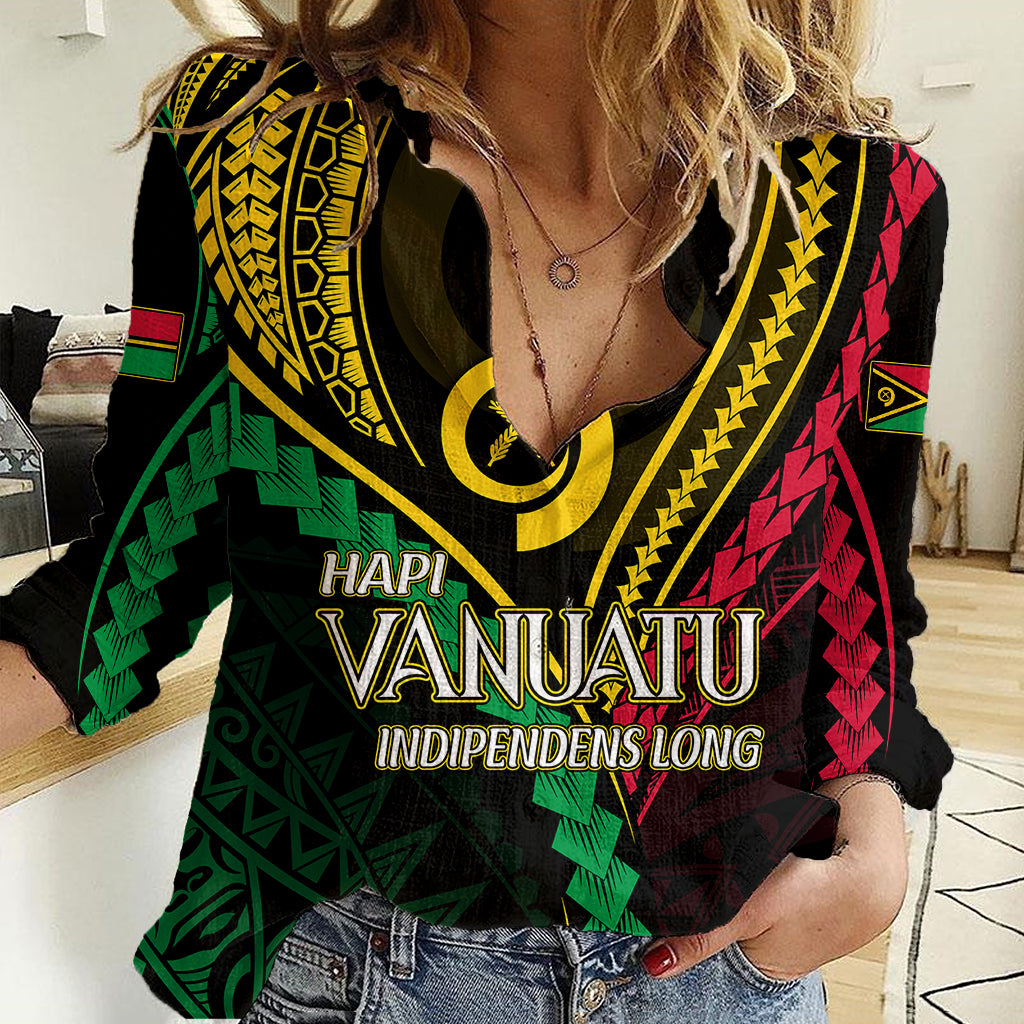 Personalised Vanuatu Women Casual Shirt 43rd Hapi Indipendens Long LT7 Female Black - Polynesian Pride