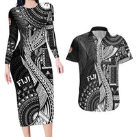 Fiji Rugby Personalised Bula Masi Couples Matching Long Sleeve Bodycon Dress and Hawaiian Shirt Fish Tail Kaivity Cibi - Black LT7 Black - Polynesian Pride