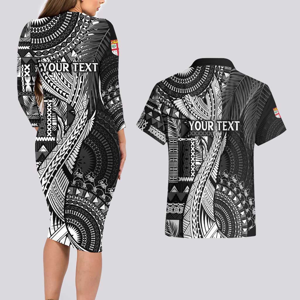 Fiji Rugby Personalised Bula Masi Couples Matching Long Sleeve Bodycon Dress and Hawaiian Shirt Fish Tail Kaivity Cibi - Black LT7 - Polynesian Pride