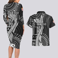 Fiji Rugby Personalised Bula Masi Couples Matching Long Sleeve Bodycon Dress and Hawaiian Shirt Fish Tail Kaivity Cibi - Black LT7 - Polynesian Pride