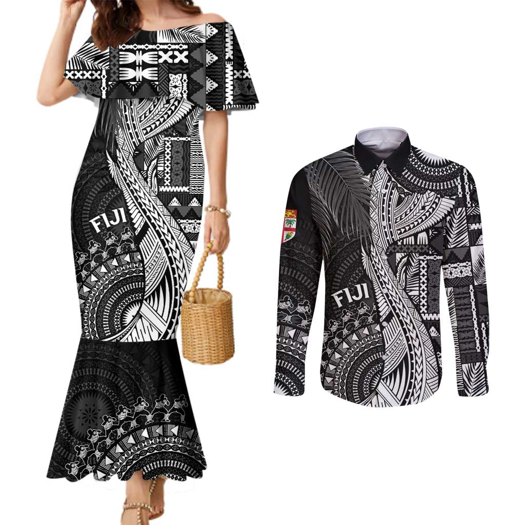 Fiji Rugby Personalised Bula Masi Couples Matching Mermaid Dress and Long Sleeve Button Shirt Fish Tail Kaivity Cibi - Black LT7 Black - Polynesian Pride
