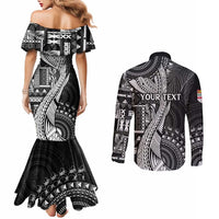 Fiji Rugby Personalised Bula Masi Couples Matching Mermaid Dress and Long Sleeve Button Shirt Fish Tail Kaivity Cibi - Black LT7 - Polynesian Pride