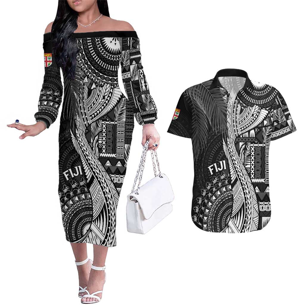 Fiji Rugby Personalised Bula Masi Couples Matching Off The Shoulder Long Sleeve Dress and Hawaiian Shirt Fish Tail Kaivity Cibi - Black LT7 Black - Polynesian Pride