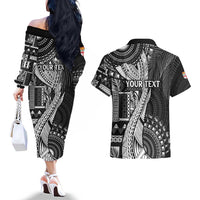 Fiji Rugby Personalised Bula Masi Couples Matching Off The Shoulder Long Sleeve Dress and Hawaiian Shirt Fish Tail Kaivity Cibi - Black LT7 - Polynesian Pride