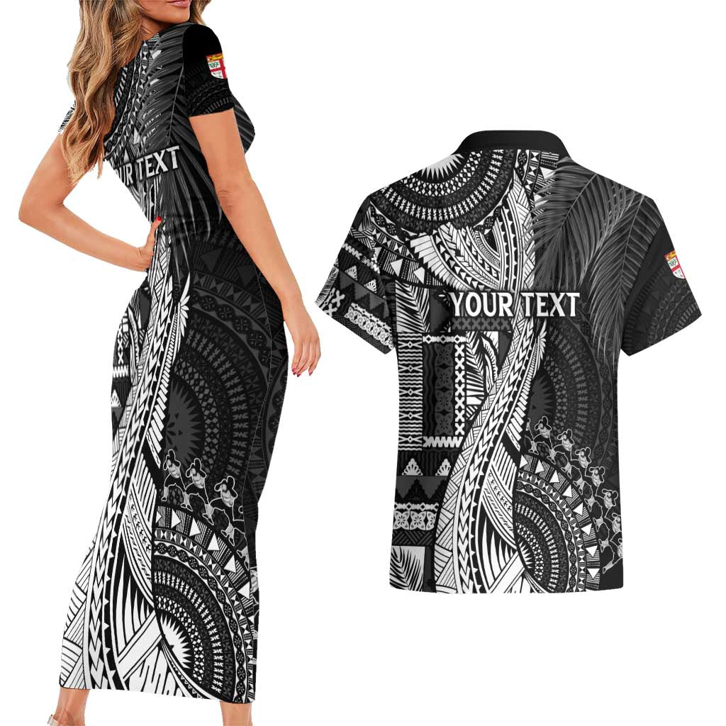 Fiji Rugby Personalised Bula Masi Couples Matching Short Sleeve Bodycon Dress and Hawaiian Shirt Fish Tail Kaivity Cibi - Black LT7 - Polynesian Pride