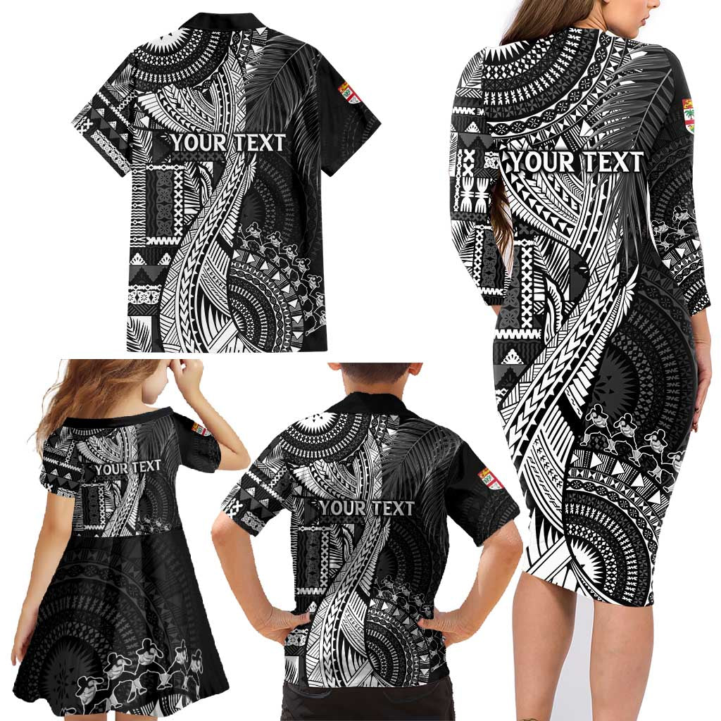 Fiji Rugby Personalised Bula Masi Family Matching Long Sleeve Bodycon Dress and Hawaiian Shirt Fish Tail Kaivity Cibi - Black LT7 - Polynesian Pride