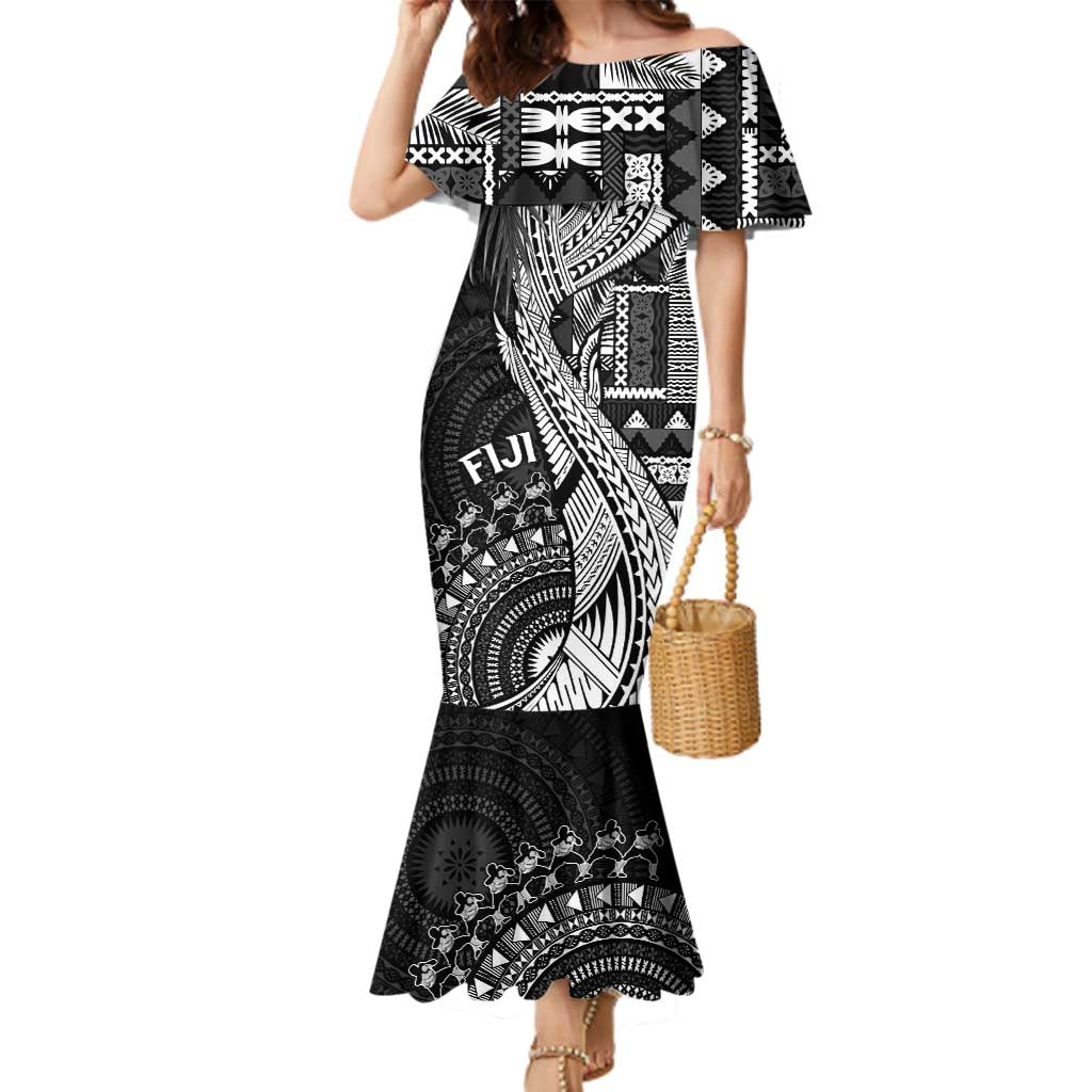 Fiji Rugby Personalised Bula Masi Family Matching Mermaid Dress and Hawaiian Shirt Fish Tail Kaivity Cibi - Black LT7 Mom's Dress Black - Polynesian Pride