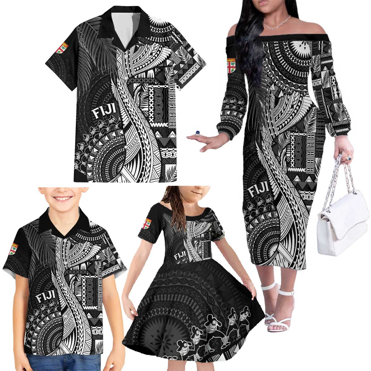 Fiji Rugby Personalised Bula Masi Family Matching Off The Shoulder Long Sleeve Dress and Hawaiian Shirt Fish Tail Kaivity Cibi - Black LT7 - Polynesian Pride