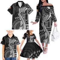 Fiji Rugby Personalised Bula Masi Family Matching Off The Shoulder Long Sleeve Dress and Hawaiian Shirt Fish Tail Kaivity Cibi - Black LT7 - Polynesian Pride