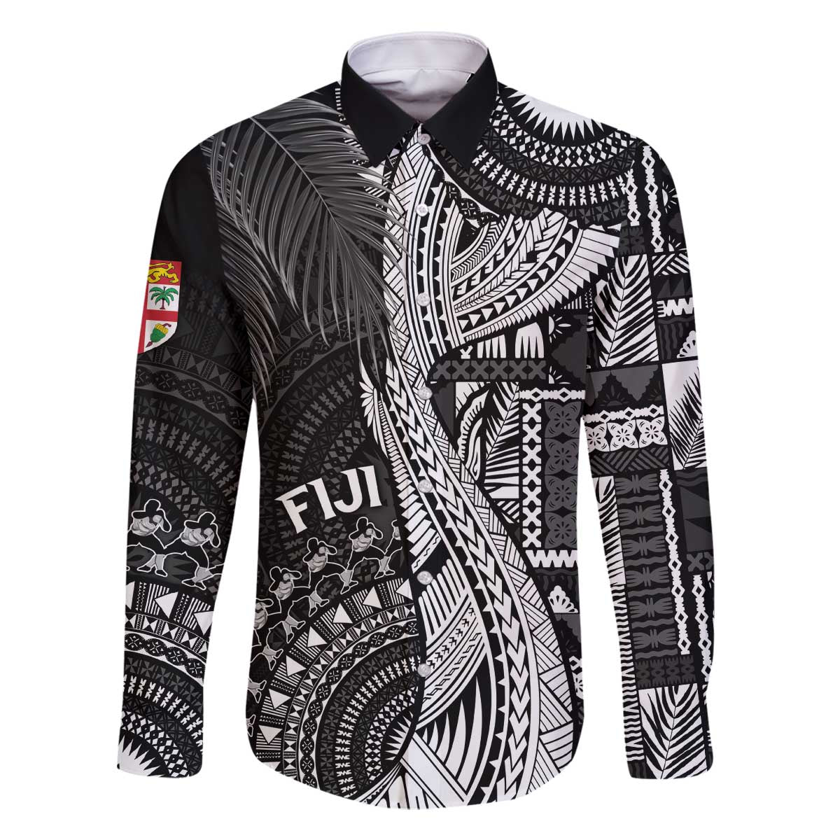 Fiji Rugby Personalised Bula Masi Family Matching Off The Shoulder Long Sleeve Dress and Hawaiian Shirt Fish Tail Kaivity Cibi - Black LT7 Dad's Shirt - Long Sleeve Black - Polynesian Pride