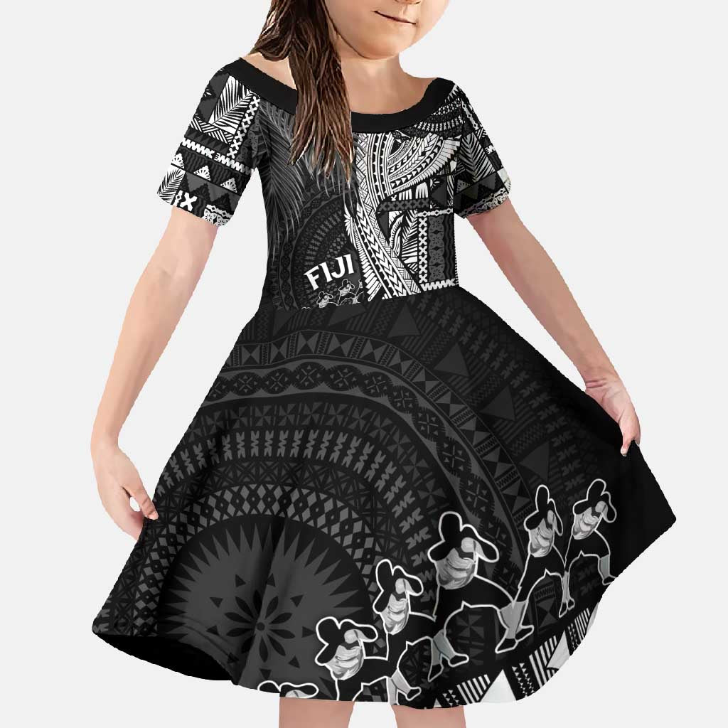 Fiji Rugby Personalised Bula Masi Family Matching Off Shoulder Maxi Dress and Hawaiian Shirt Fish Tail Kaivity Cibi - Black LT7 Daughter's Dress Black - Polynesian Pride