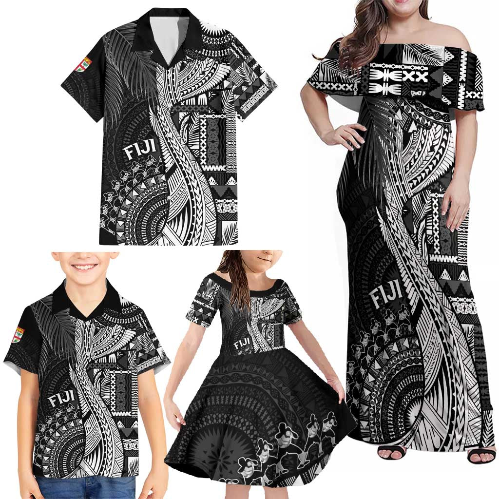 Fiji Rugby Personalised Bula Masi Family Matching Off Shoulder Maxi Dress and Hawaiian Shirt Fish Tail Kaivity Cibi - Black LT7 - Polynesian Pride