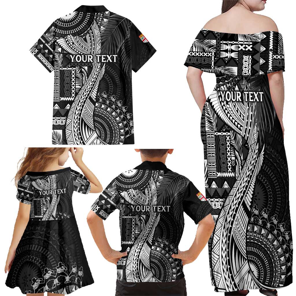 Fiji Rugby Personalised Bula Masi Family Matching Off Shoulder Maxi Dress and Hawaiian Shirt Fish Tail Kaivity Cibi - Black LT7 - Polynesian Pride