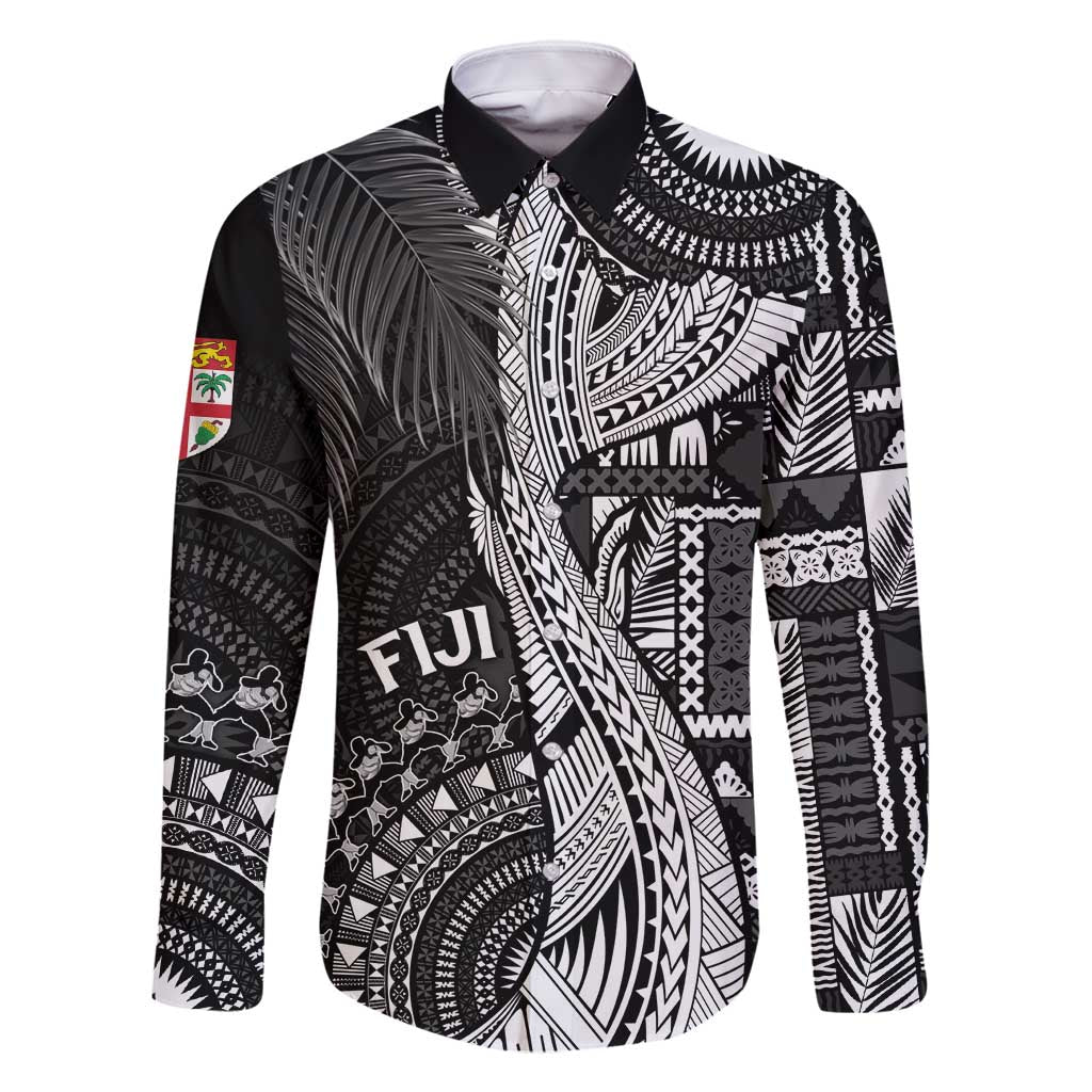 Fiji Rugby Personalised Bula Masi Family Matching Off Shoulder Maxi Dress and Hawaiian Shirt Fish Tail Kaivity Cibi - Black LT7 Dad's Shirt - Long Sleeve Black - Polynesian Pride