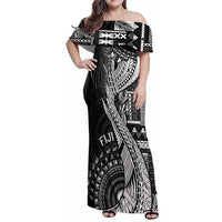 Fiji Rugby Personalised Bula Masi Family Matching Off Shoulder Maxi Dress and Hawaiian Shirt Fish Tail Kaivity Cibi - Black LT7 Mom's Dress Black - Polynesian Pride
