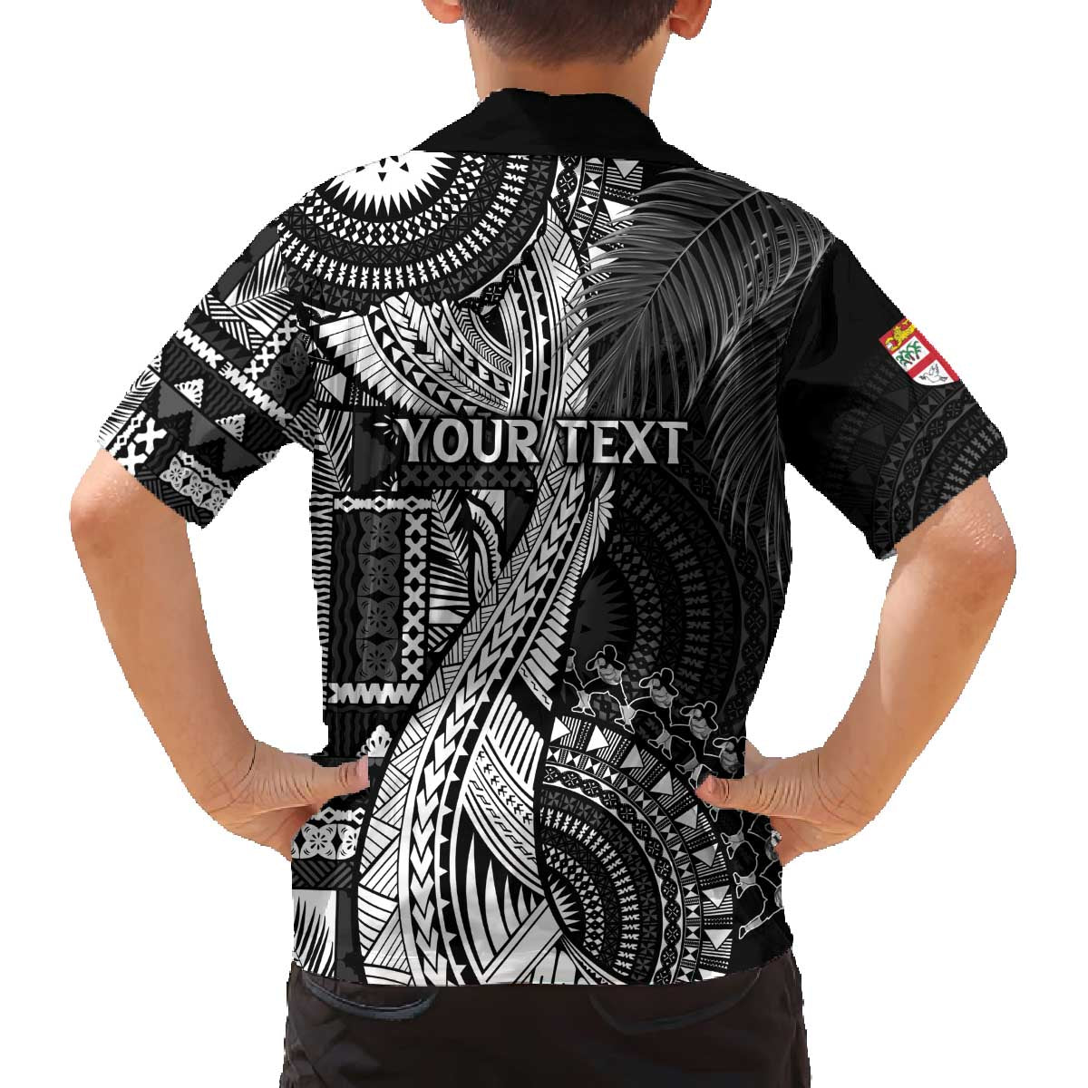 Fiji Rugby Personalised Bula Masi Family Matching Off Shoulder Short Dress and Hawaiian Shirt Fish Tail Kaivity Cibi - Black LT7 - Polynesian Pride