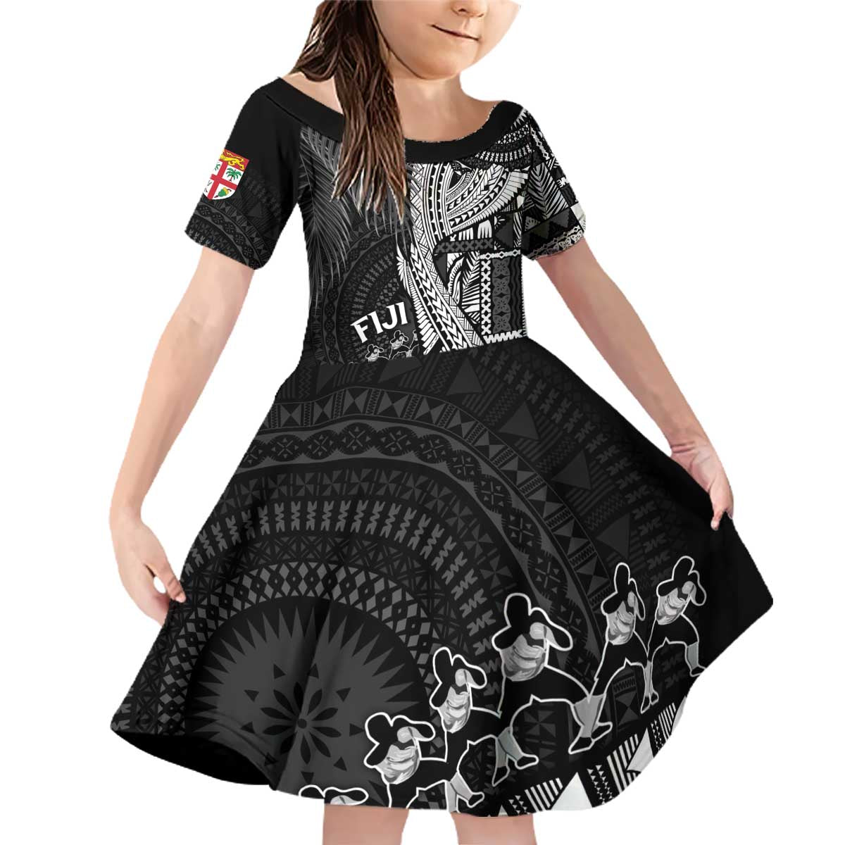 Fiji Rugby Personalised Bula Masi Family Matching Off Shoulder Short Dress and Hawaiian Shirt Fish Tail Kaivity Cibi - Black LT7 Daughter's Dress Black - Polynesian Pride