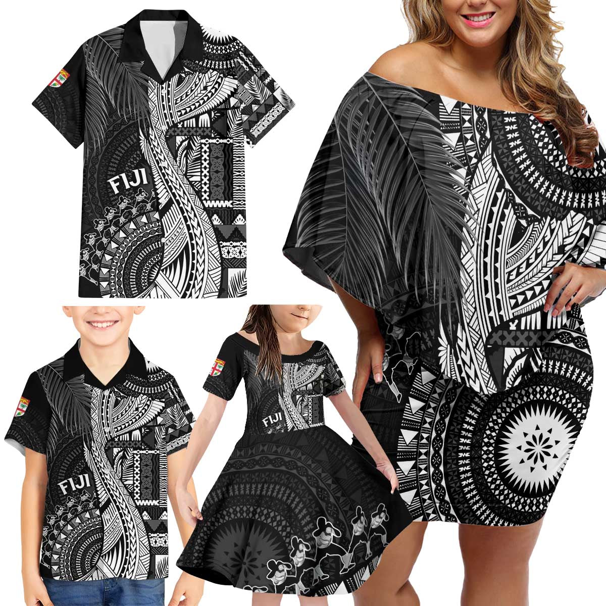 Fiji Rugby Personalised Bula Masi Family Matching Off Shoulder Short Dress and Hawaiian Shirt Fish Tail Kaivity Cibi - Black LT7 - Polynesian Pride