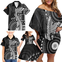 Fiji Rugby Personalised Bula Masi Family Matching Off Shoulder Short Dress and Hawaiian Shirt Fish Tail Kaivity Cibi - Black LT7 - Polynesian Pride
